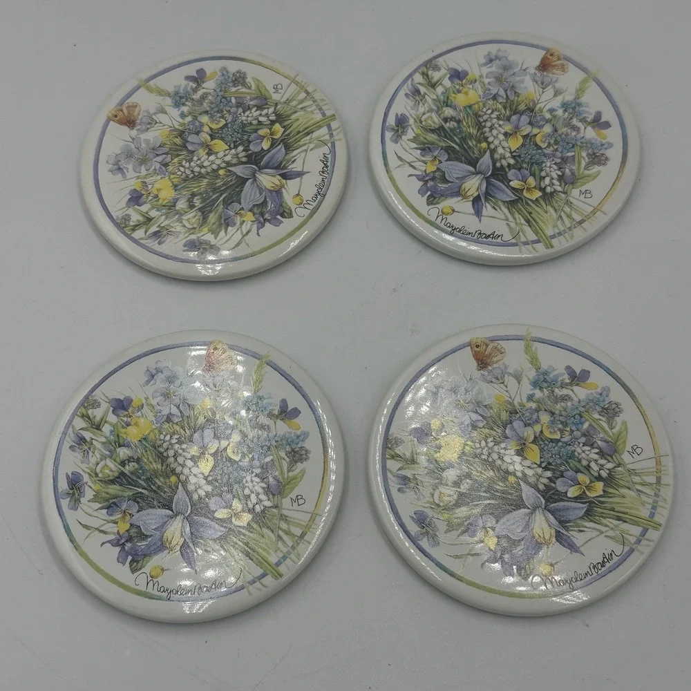 VTG Marjolein Bastin Coasters Set 4 Multicolor Floral Ceramic Cork Nature Art